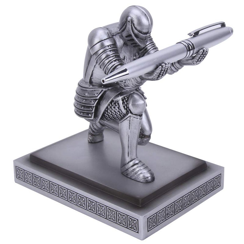 Amoysanli Knight Pen Holder Desk Organizers and Accessories Desk Decor Resin Pen Holder as Gift with a Cool Pen for Office and Home (Silver) - Image 2